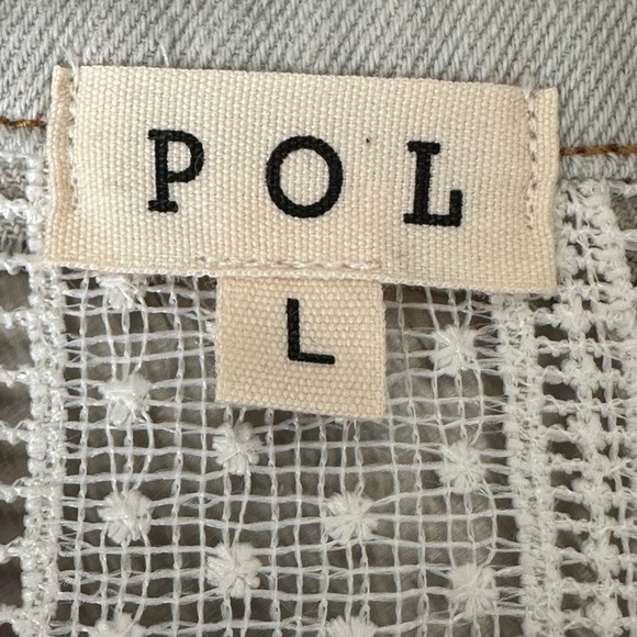 POL Patchwork Lace Oversized Denim Jacket Light Wash Bohemian Frayed Edge Large - Picture 12 of 15